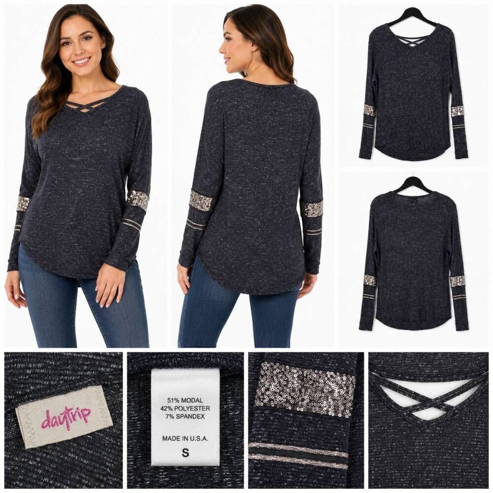 Daytrip Black & White Marled Long Sleeve Top with Lace Sleeve Detail – Size M